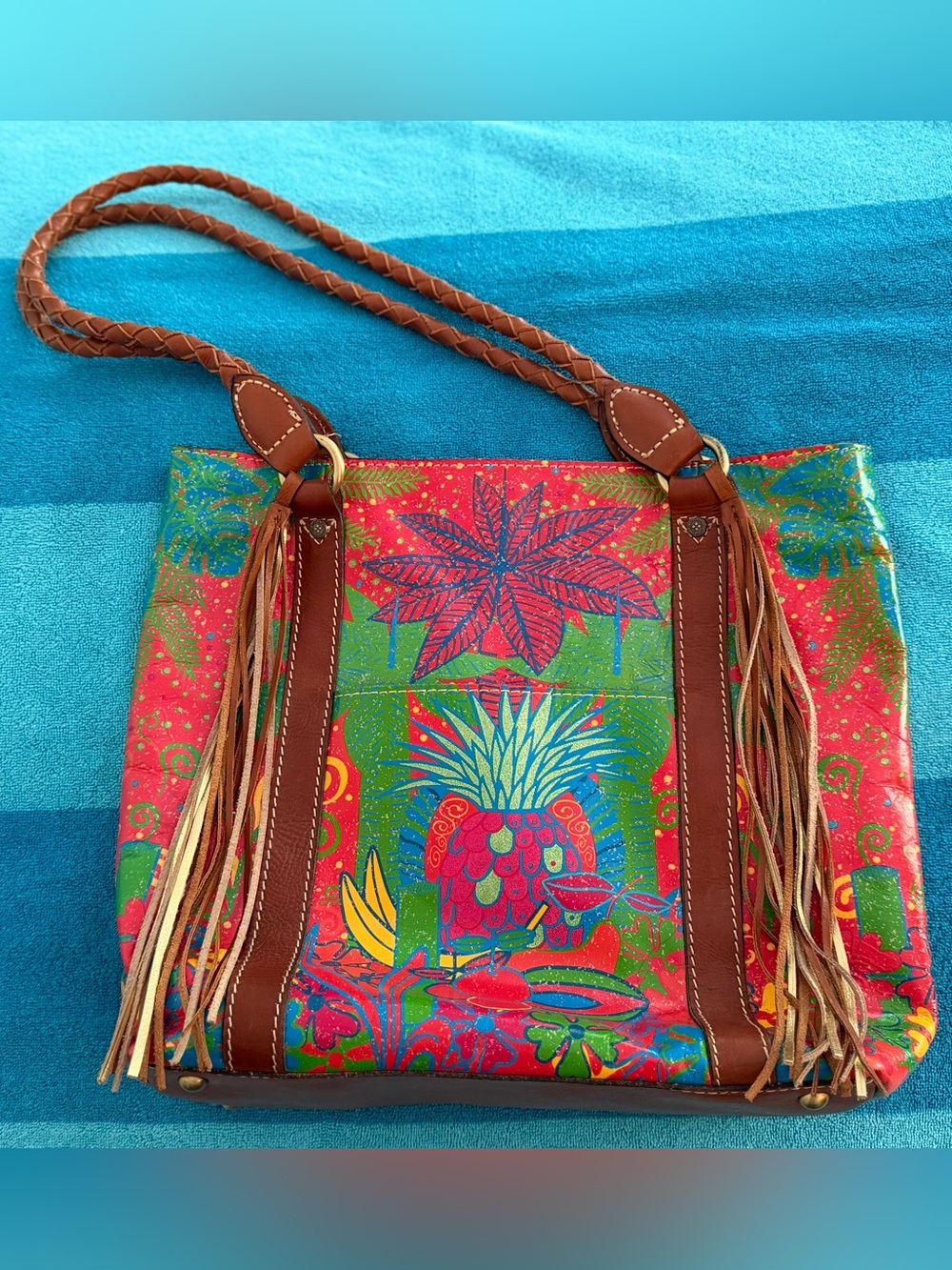 Patricia Nash Red and Green Tropical Canvas Satchel with Brown Leather Trim
